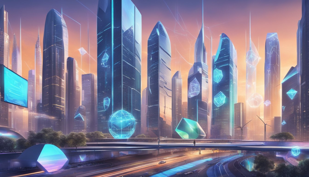 A bustling futuristic cityscape with holographic project management software logos displayed on skyscrapers. Futuristic transportation zooms by, showcasing the efficiency and innovation of the top 3 Wrike alternatives for project management in 2024